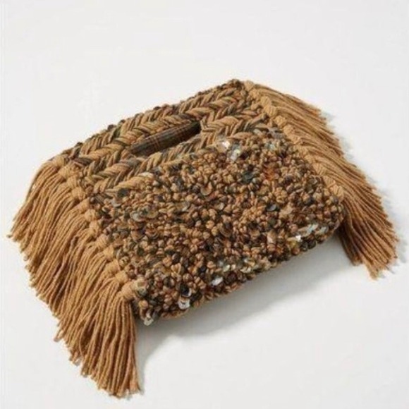Anthropologie Milo Boho Chic Fringe Handbag Brown Plaid Purse Sequin Unique Bag - Picture 1 of 10
